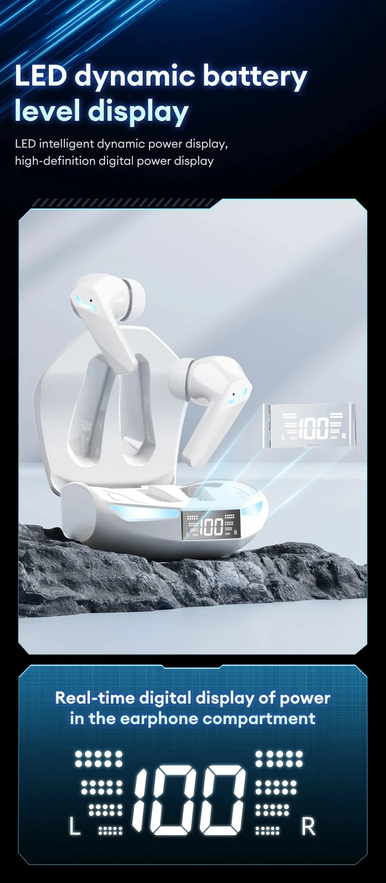 White wireless earbuds in a charging case with a digital LED battery display, set against a rocky background.