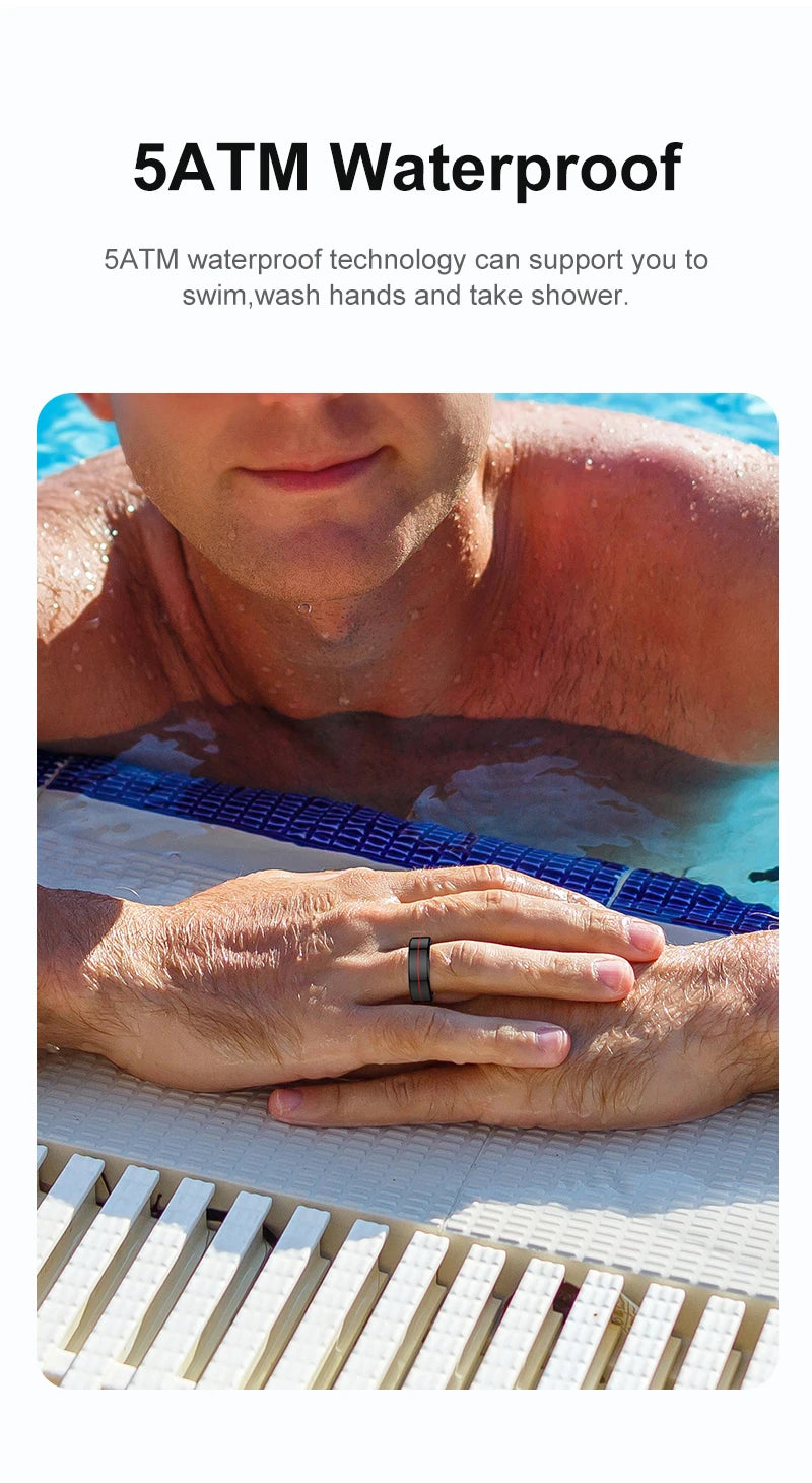 A sleek black smart fitness ring worn by a man resting in a swimming pool. 5ATM waterproof design.
