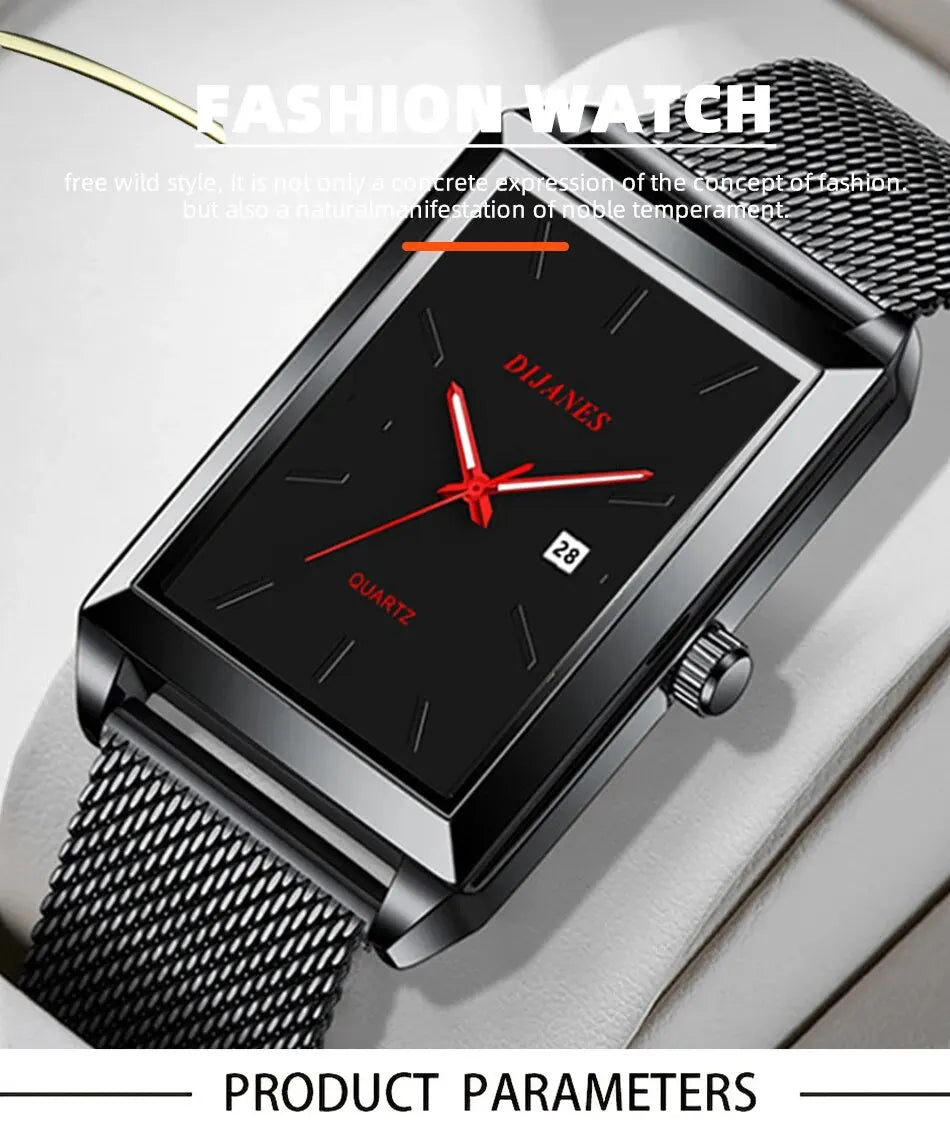 Men's square black quartz watch with a sleek mesh stainless steel strap and red hands, featuring a date display.