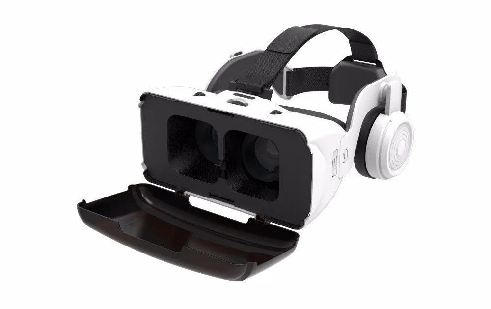 White and black VR headset for smartphones with an open front compartment, cushioned face padding, and built-in audio.