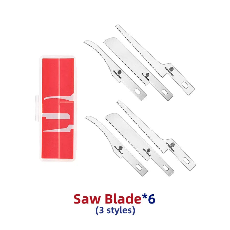 Set of 6 silver metal saw blades in 3 different styles, including a red plastic storage case.