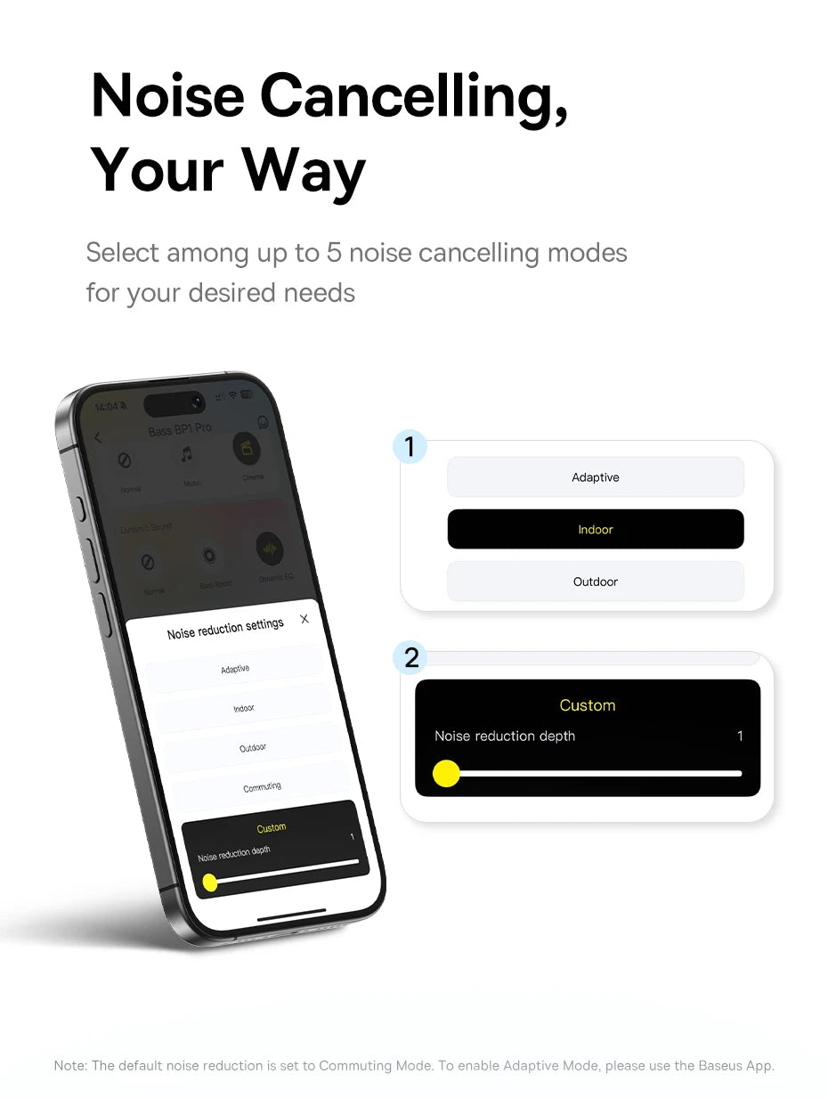 Smartphone screen showing a clean, modern app interface for selecting noise-cancelling modes with sliders and buttons.