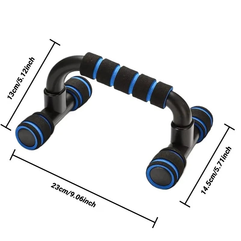 Black and blue foam-padded push-up bar with product dimensions labelled in centimetres and inches.