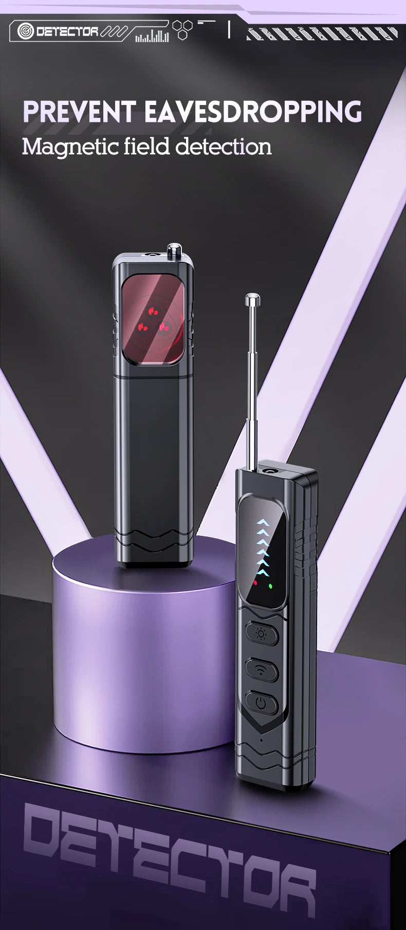 Black metal handheld bug detector with a telescopic antenna, LED indicator screen, and control buttons.