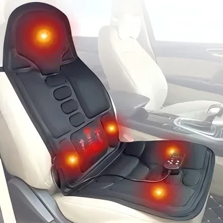 Black heated massage seat cushion with glowing massage nodes and a handheld remote, installed on a car seat.