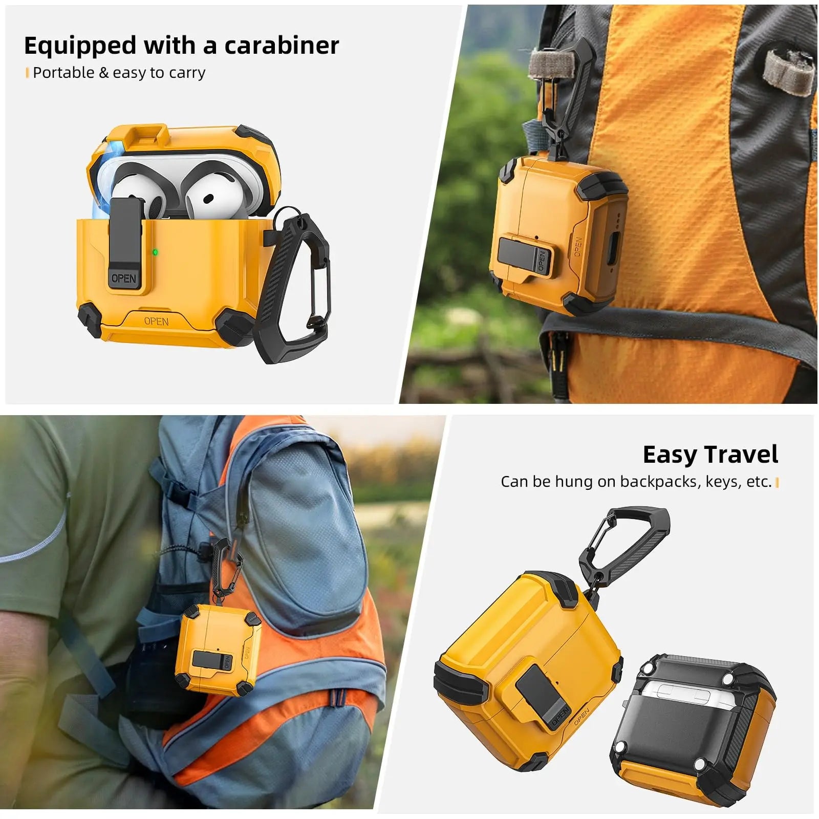 Rugged yellow and black protective case for Apple AirPods with a secure carabiner clip for easy travel.