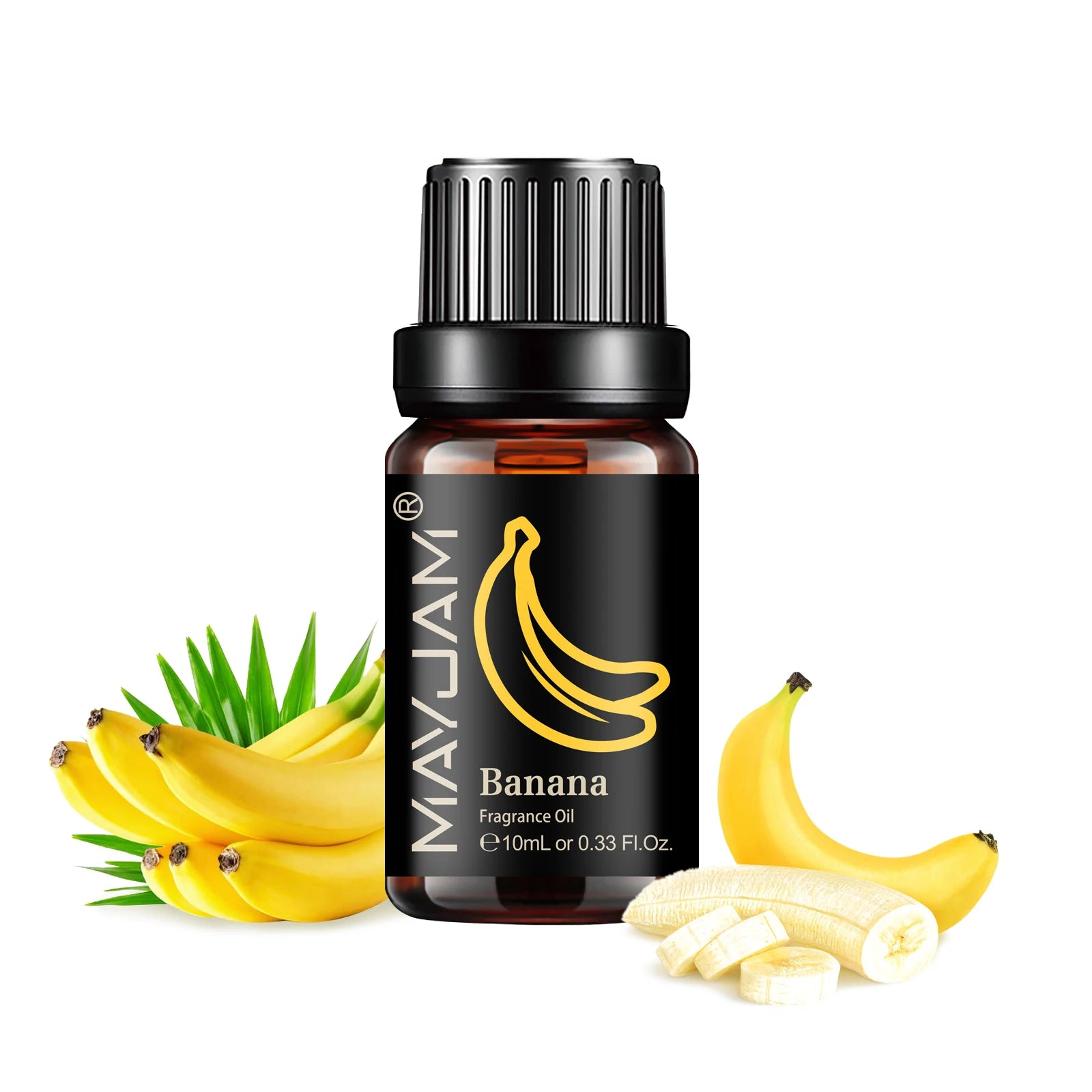 10ml amber glass bottle of banana-scented fragrance oil with a black cap, surrounded by fresh bananas.
