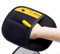 Black and yellow mesh Rhino Ben pet hair removal grooming mitt worn on a hand.