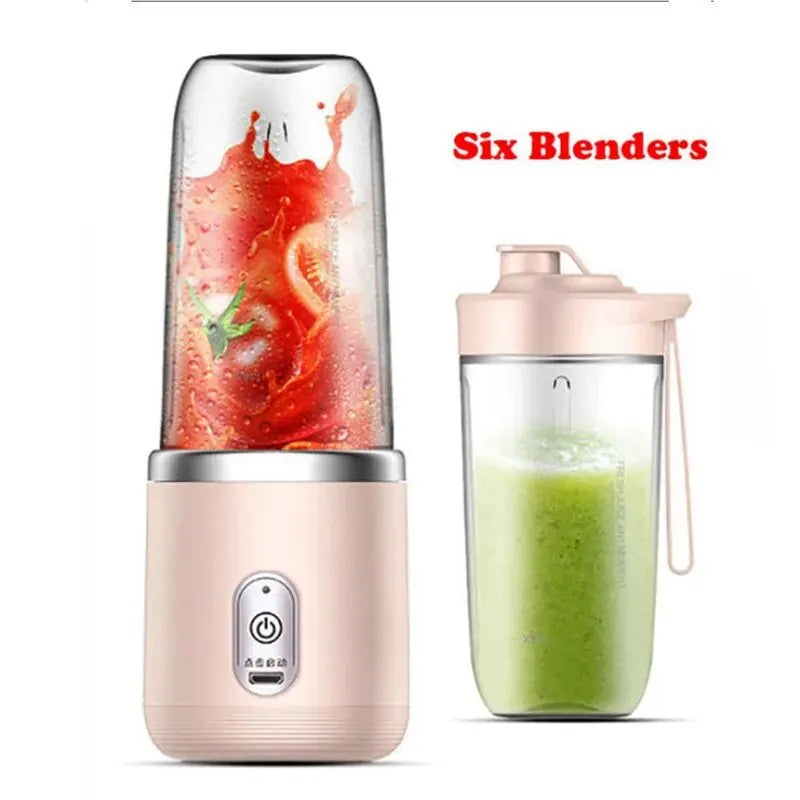 Portable pink electric blender with glass container, showing one filled with red smoothie and one with green drink.