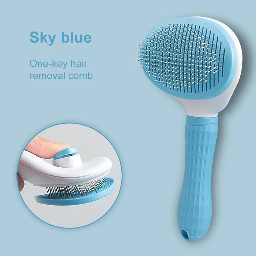Sky blue, one-key self-cleaning pet grooming brush with a textured handle and metal wire bristles.