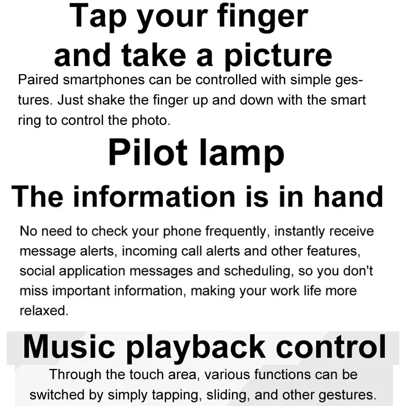 Sleek, minimalist smart health ring. Features gesture controls for camera, music, and instant notification alerts.