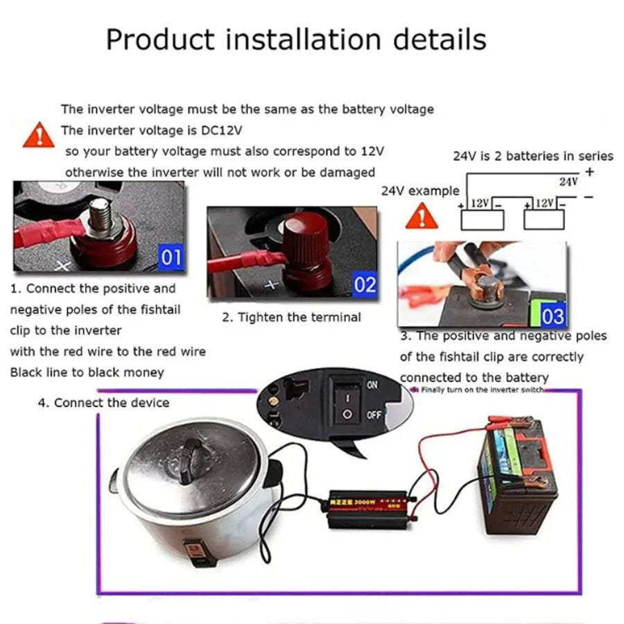 Installation guide for a black 12V to 220V power inverter, showing terminal connections and appliance setup.