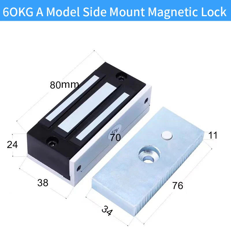 Silver and black metal 60kg side-mount magnetic lock with dimensions labeled in millimeters.