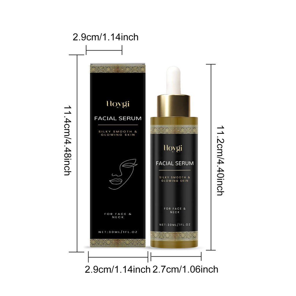 Black and gold 30ml facial serum dropper bottle with matching box, including detailed dimensions.
