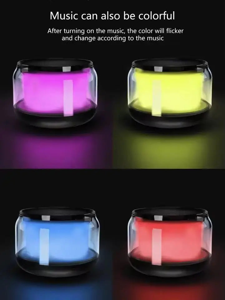 Mini portable wireless speaker with a clear casing and colour-changing LED lights that sync to your music.