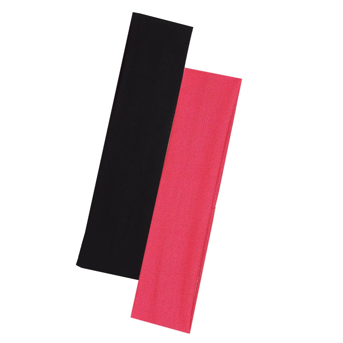 Two flat, rectangular fabric headbands in plain black and vibrant pink, isolated against a white background.