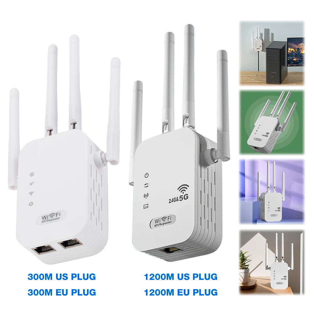 White dual-band WiFi repeater with four adjustable external antennas, LED status indicators, and Ethernet ports.