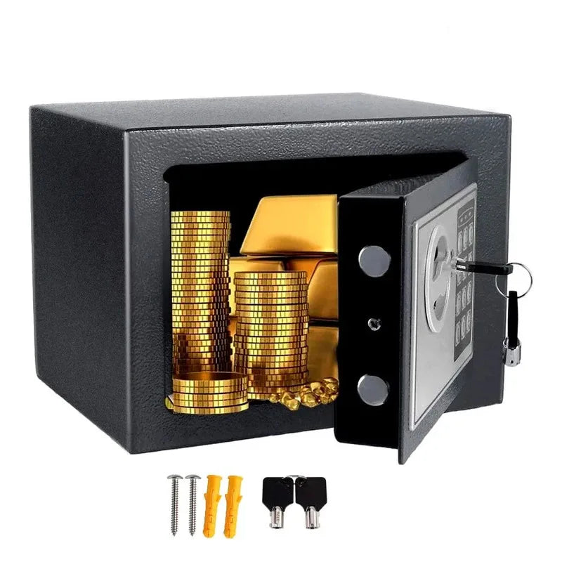 Black steel security safe with digital keypad, key lock, and internal space filled with gold bars and coins.