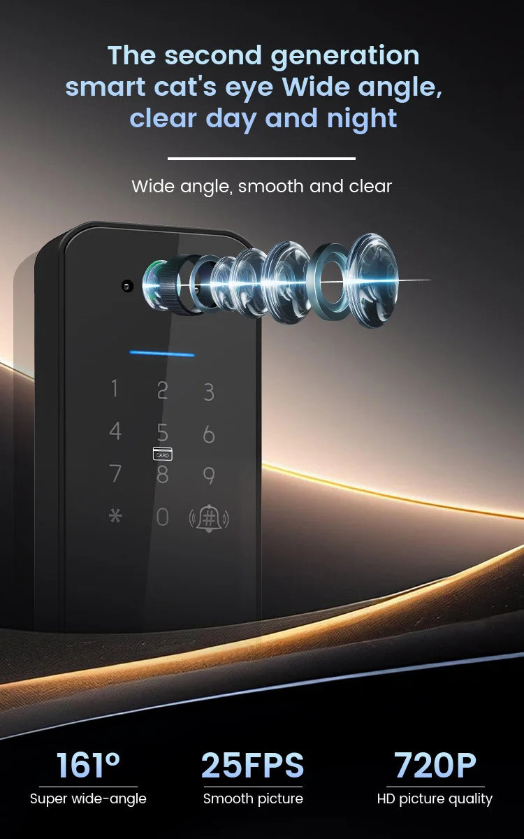 Sleek black smart door lock with illuminated digital keypad and built-in wide-angle security camera lens.
