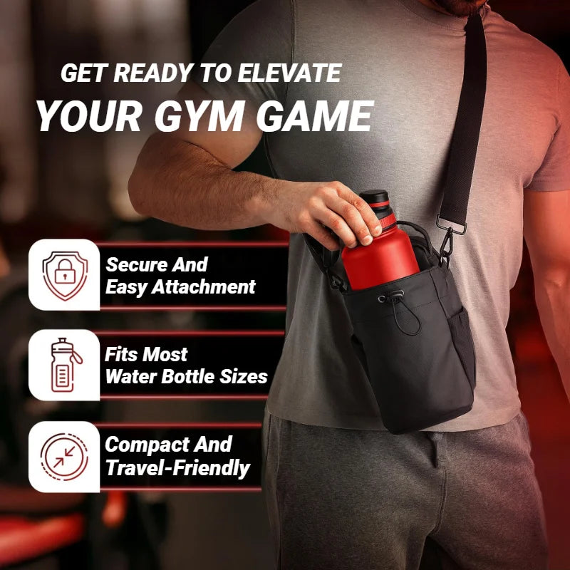 A person wearing a black cross-body water bottle holder carrying a red sports bottle.