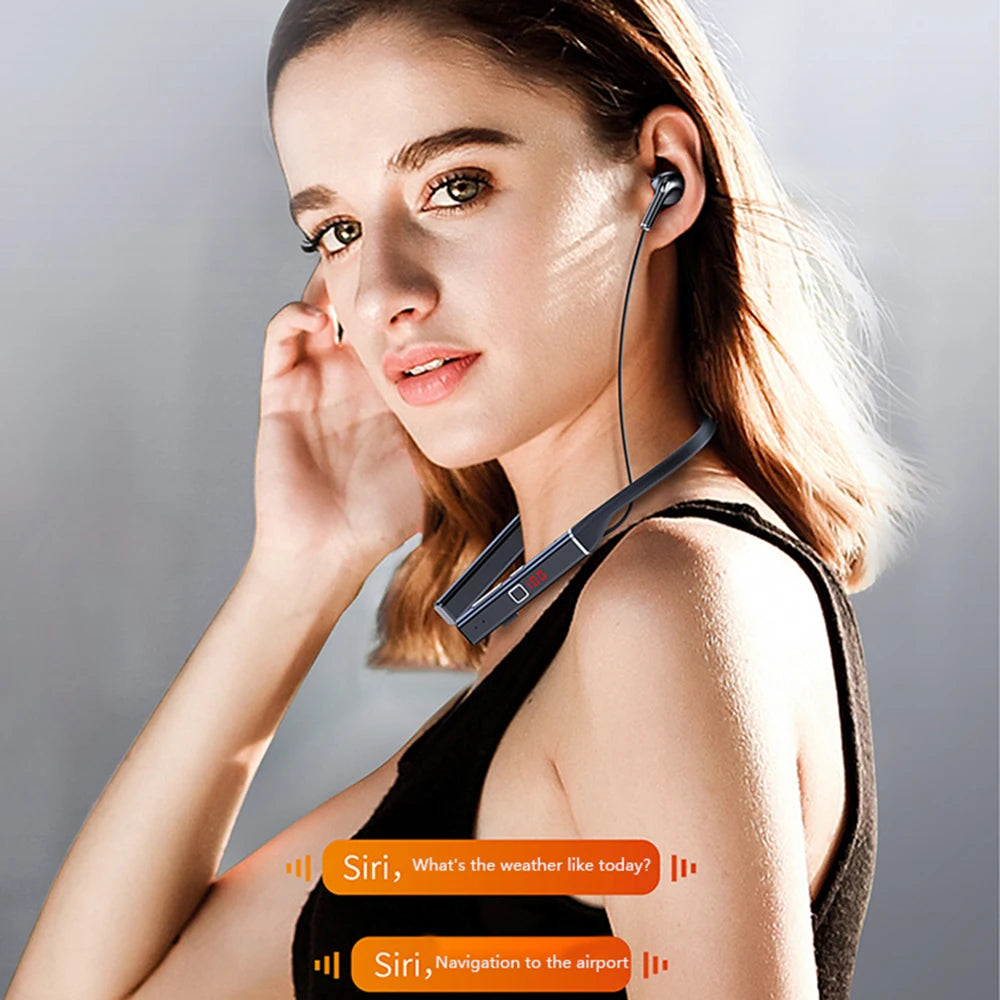 Woman wearing sleek black wireless magnetic neckband headphones with a digital battery display.