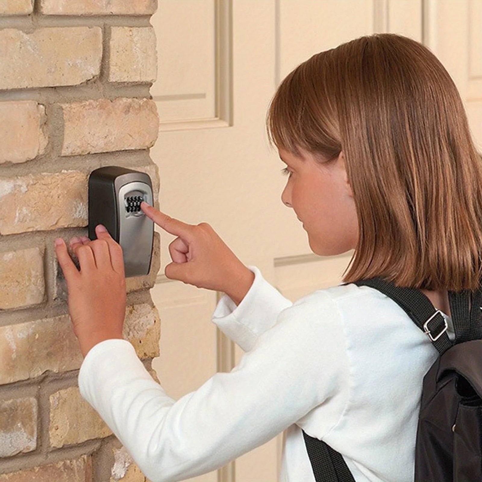 Child using a grey metal wall-mounted key storage box with a numerical combination keypad.