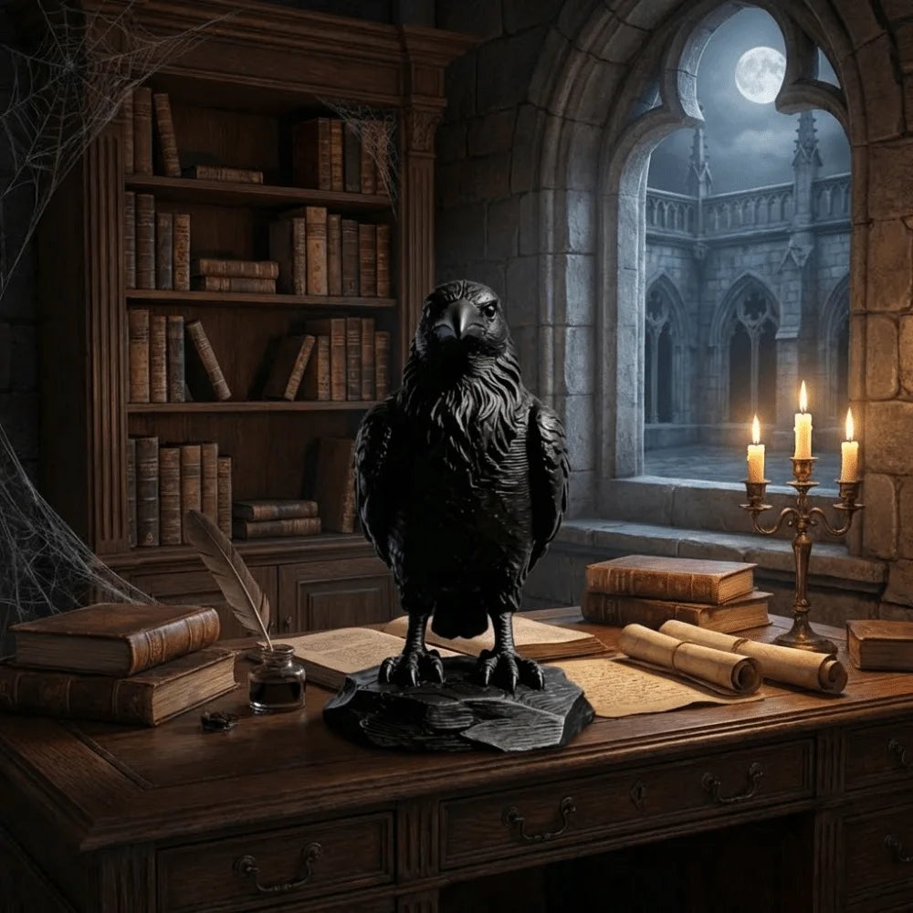 Matte black raven statue standing on a rocky base, displayed on a wooden desk in a gothic, candlelit study setting.
