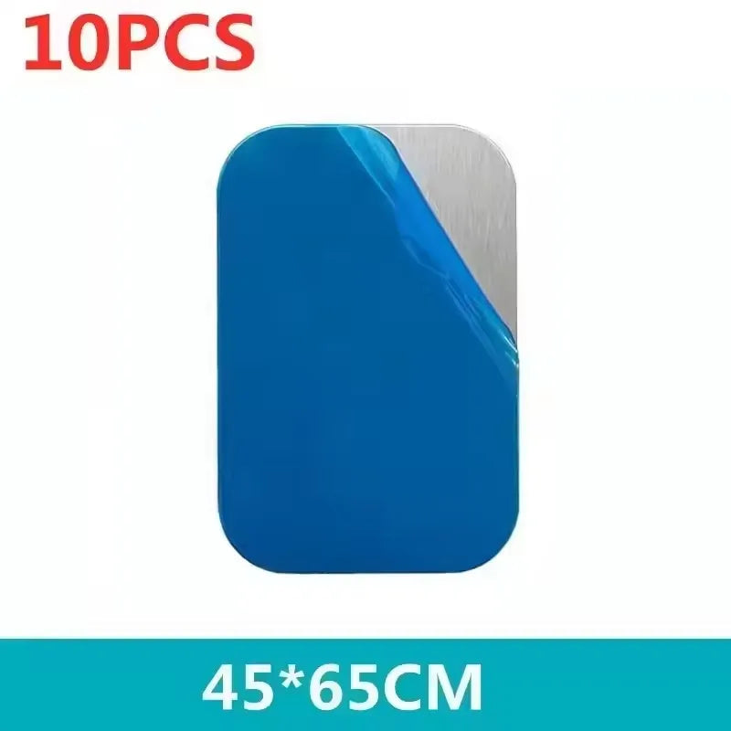 10 pieces of rectangular metal plates, 45x65cm, with brushed silver finish and partially peeled blue protective film.
