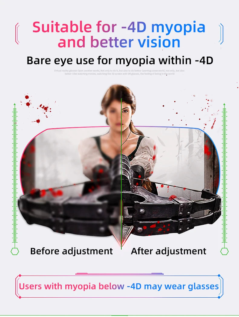 VR headset ad shows a split screen comparing blurred vs. sharp image quality for users with up to -4D myopia.