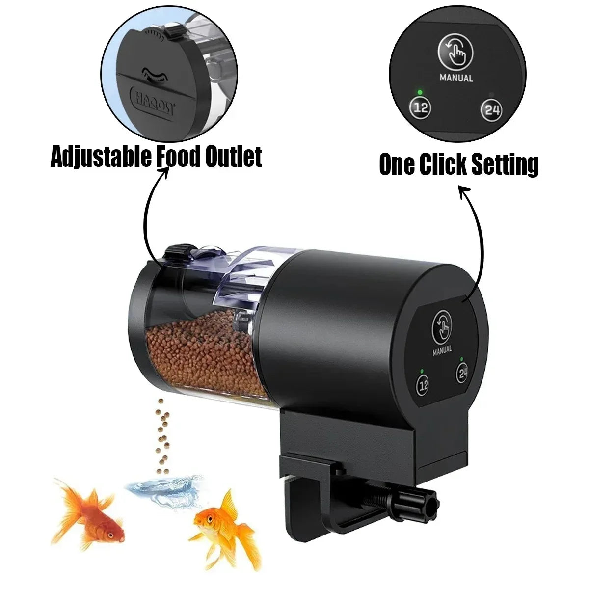 Black automatic fish feeder with a clear food hopper, adjustable outlet, and one-click manual/timer settings.