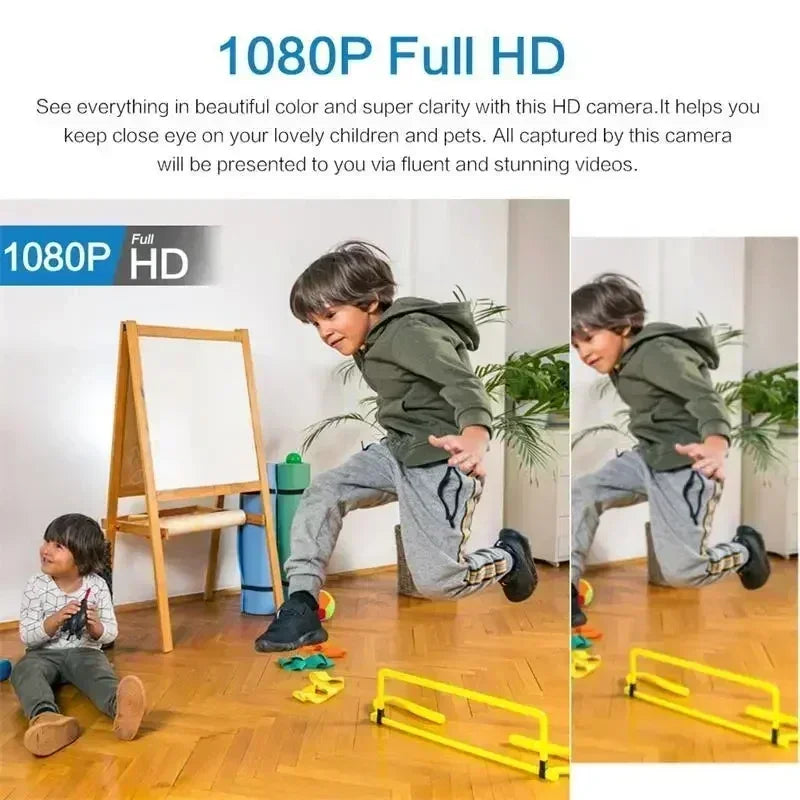 1080p full HD security camera capturing a child jumping in a room.