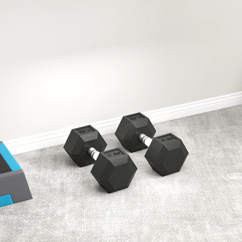 Two black 17.5kg rubber hex dumbbells with contoured metal handles rest on a grey carpet.