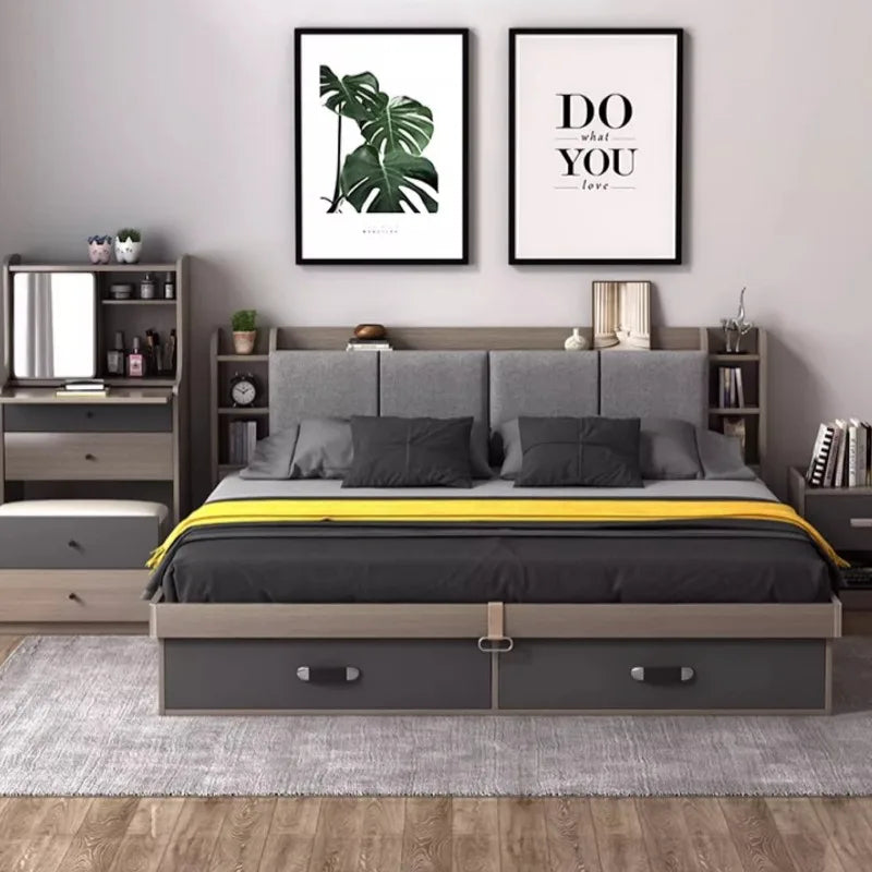 Modern grey storage bed featuring a padded headboard with integrated shelving and two large base drawers.