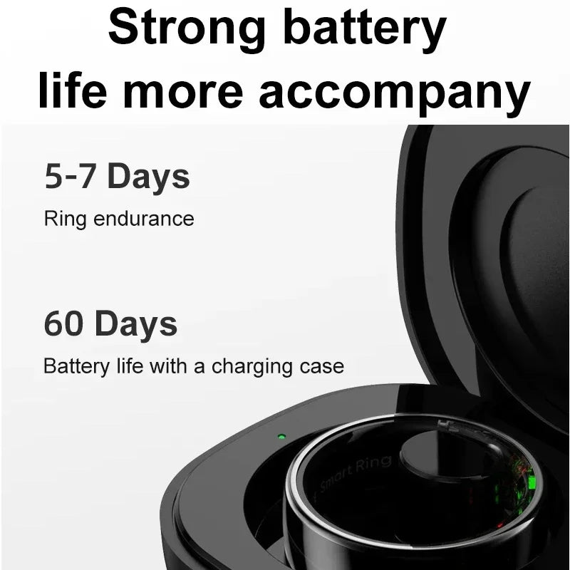 Sleek black smart health ring in its charging case, featuring 5-7 days of ring battery and 60 days with the case.