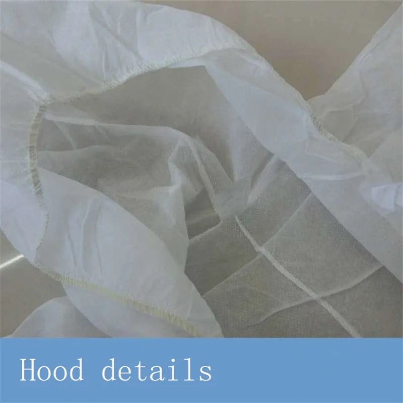 Close-up of a white, non-woven protective suit hood with elastic trim.