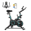 Black and blue upright exercise bike with adjustable seat, handlebars, digital monitor, and connected smartphone.