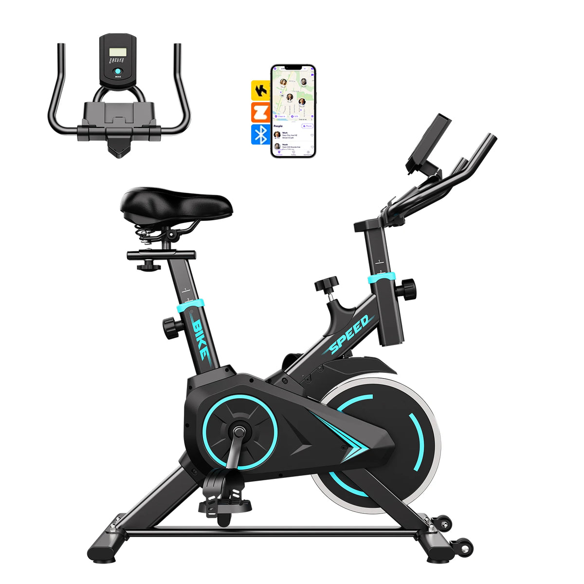 Black and blue upright exercise bike with adjustable seat, handlebars, digital monitor, and connected smartphone.