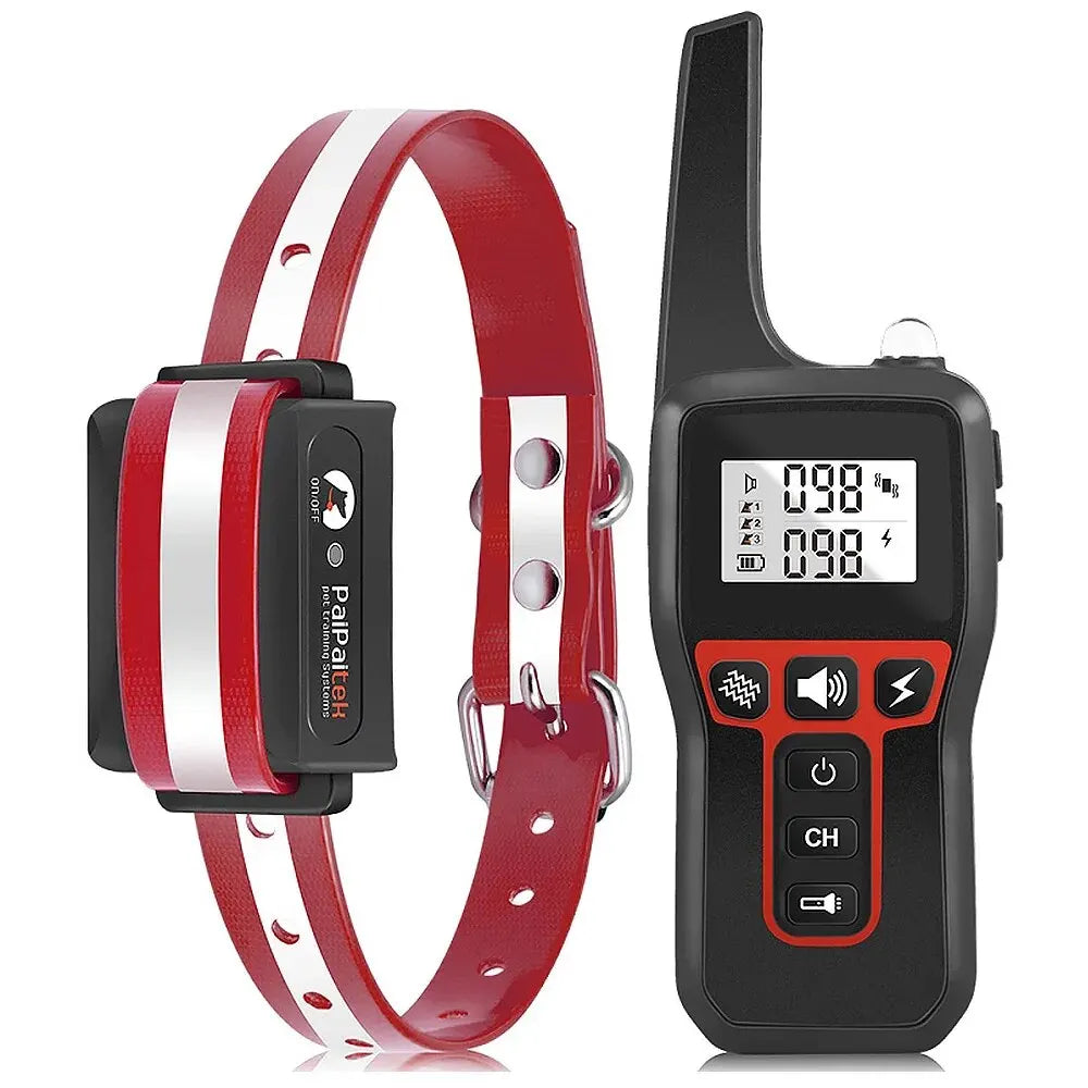 Red and black waterproof dog training collar with a digital remote control featuring settings for sound and vibration.