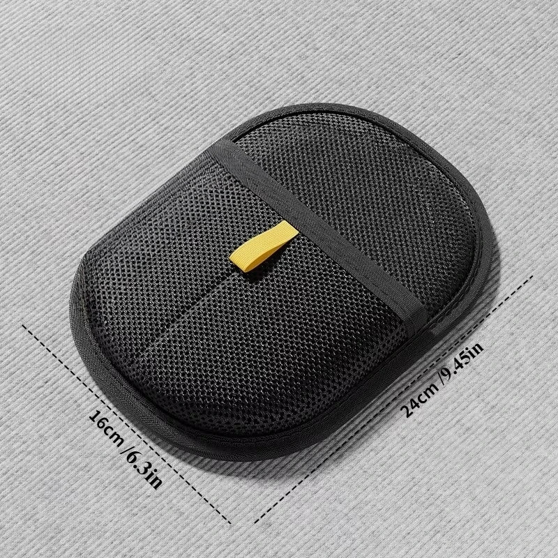 Oval black mesh storage case with a central fabric strap, small yellow tag, and dimensions marked 24cm by 16cm.