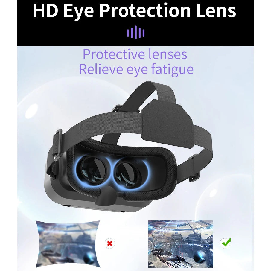 Black VR headset with adjustable elastic head straps, cushioned face padding, and dual HD lenses.