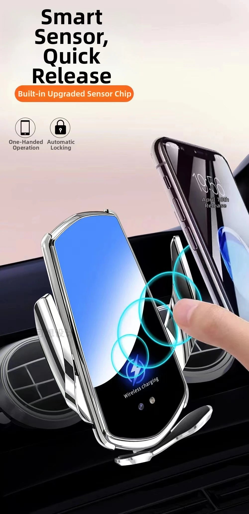 Black and silver car phone holder with automatic sensor locking and wireless charging mount on an air vent.