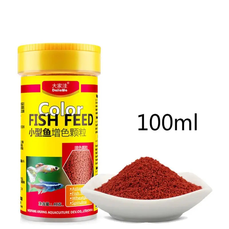 100ml pot of red colour-enhancing fish feed granules, displayed with a small bowl of the food and fish illustration.