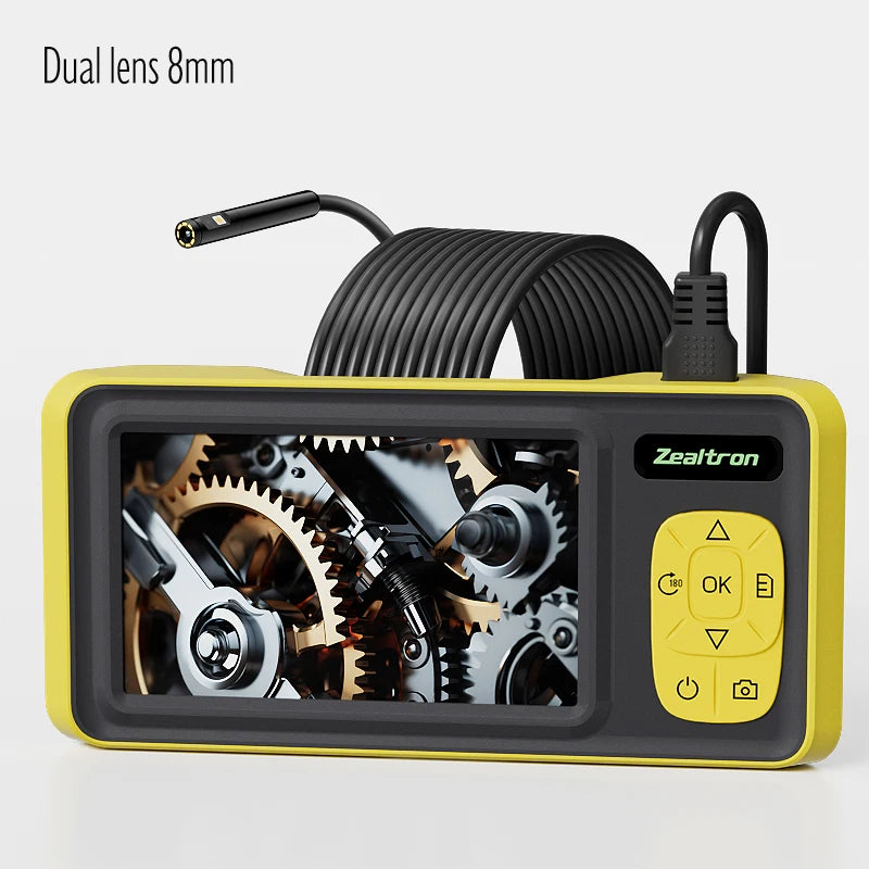 Yellow 4.3-inch dual-lens industrial endoscope inspection camera with a coiled black cable and navigation keypad.