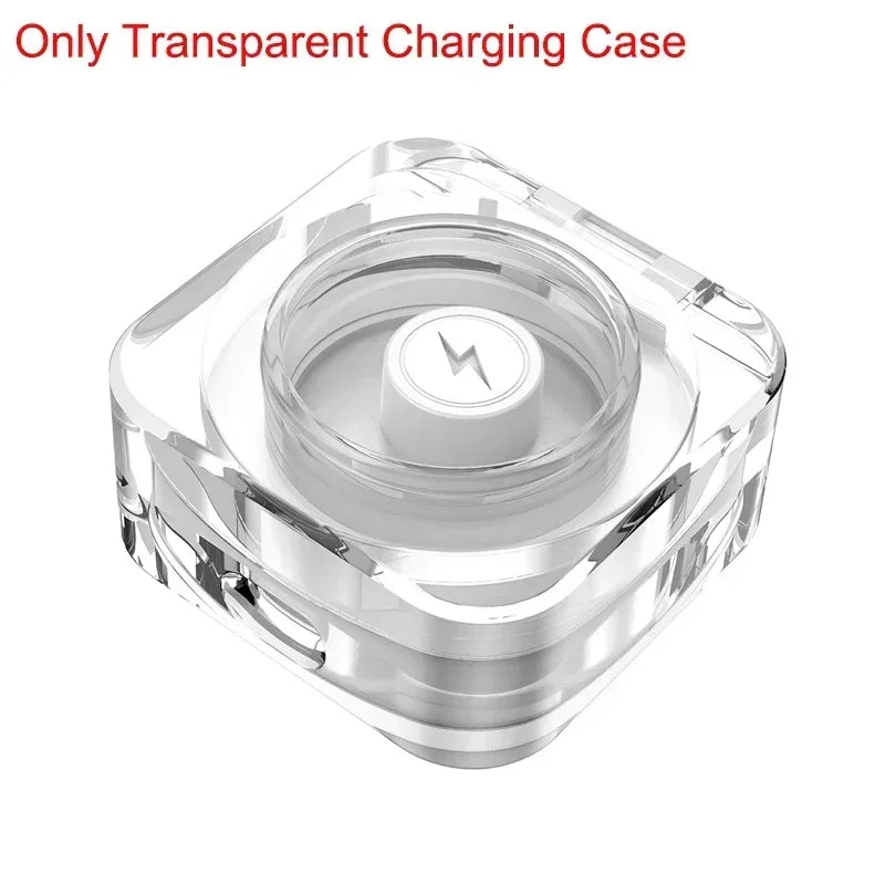 Square, transparent charging case for a health tracker ring, featuring a white central charging port with a bolt icon.