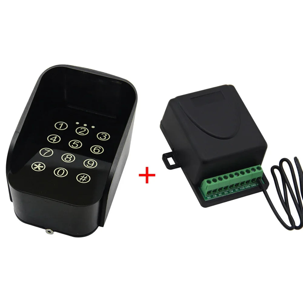 Black plastic numeric keypad with a protective hood and a matching wired controller box with screw terminals.