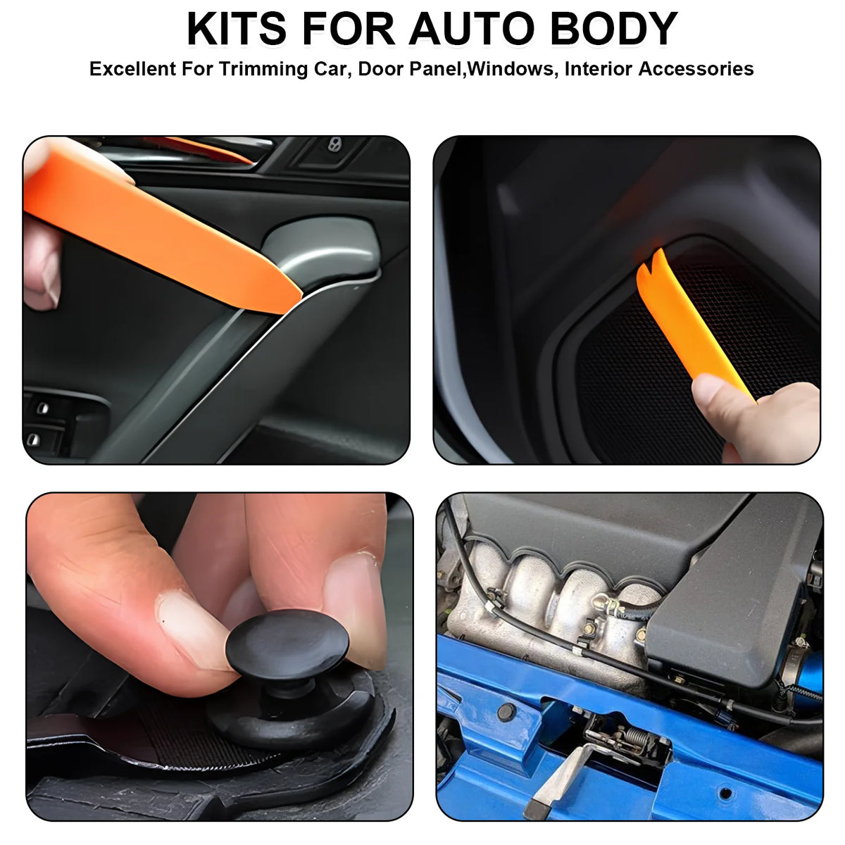 Four photos showing orange plastic trim removal tools and black car fastener clips in use.