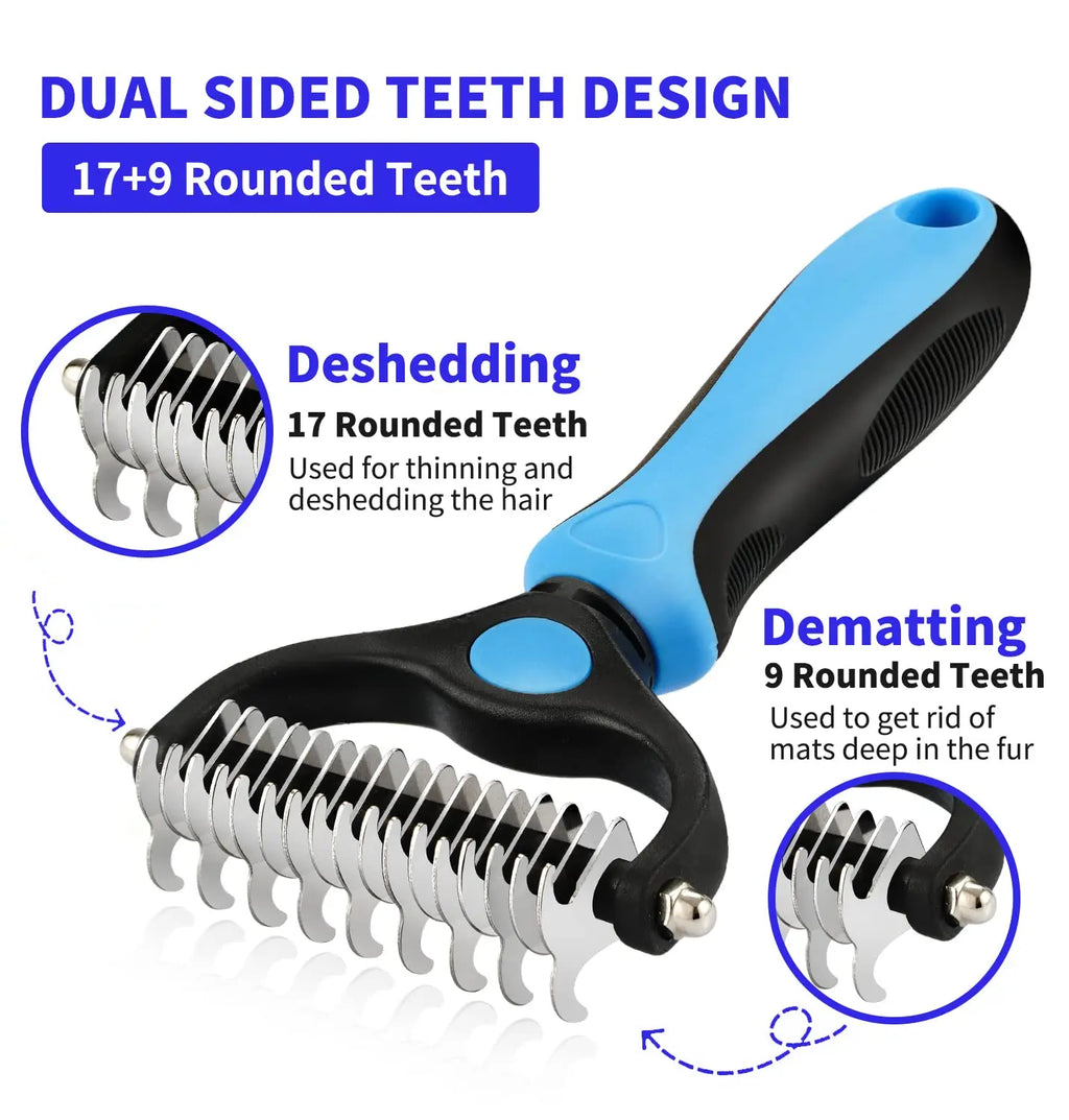 Dual-sided pet grooming rake with black and blue handle, featuring 17 deshedding teeth and 9 dematting teeth.