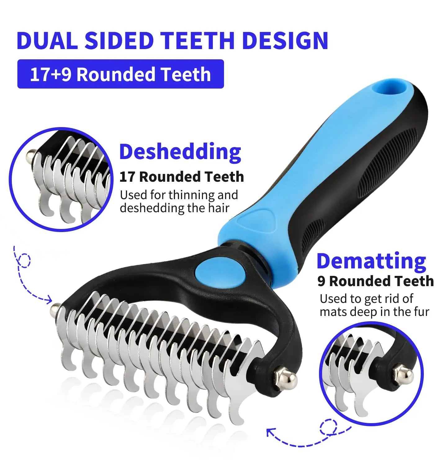 Dual-sided pet grooming rake with black and blue handle, featuring 17 deshedding teeth and 9 dematting teeth.