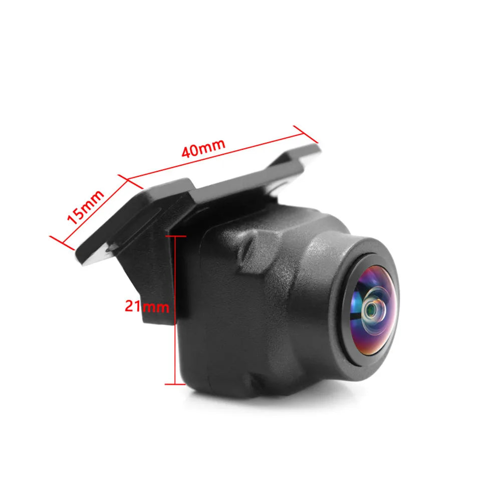 Black vehicle reversing camera with a wide-angle fisheye lens, showing dimensions in mm on a white background.