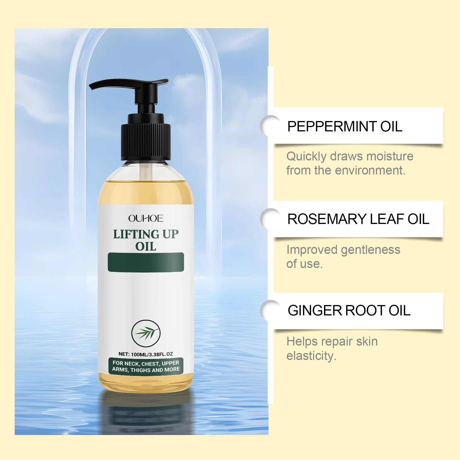 Clear pump bottle of golden lifting oil for skin elasticity with peppermint, rosemary, and ginger root extracts.